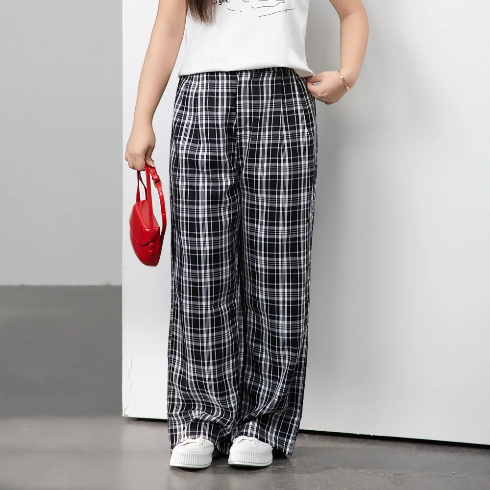 Premium Plaid High Waisted Loose Straight Leg Long Pants Plus Size Women Casual Preppy Style CHIC RETRO Trousers 8444