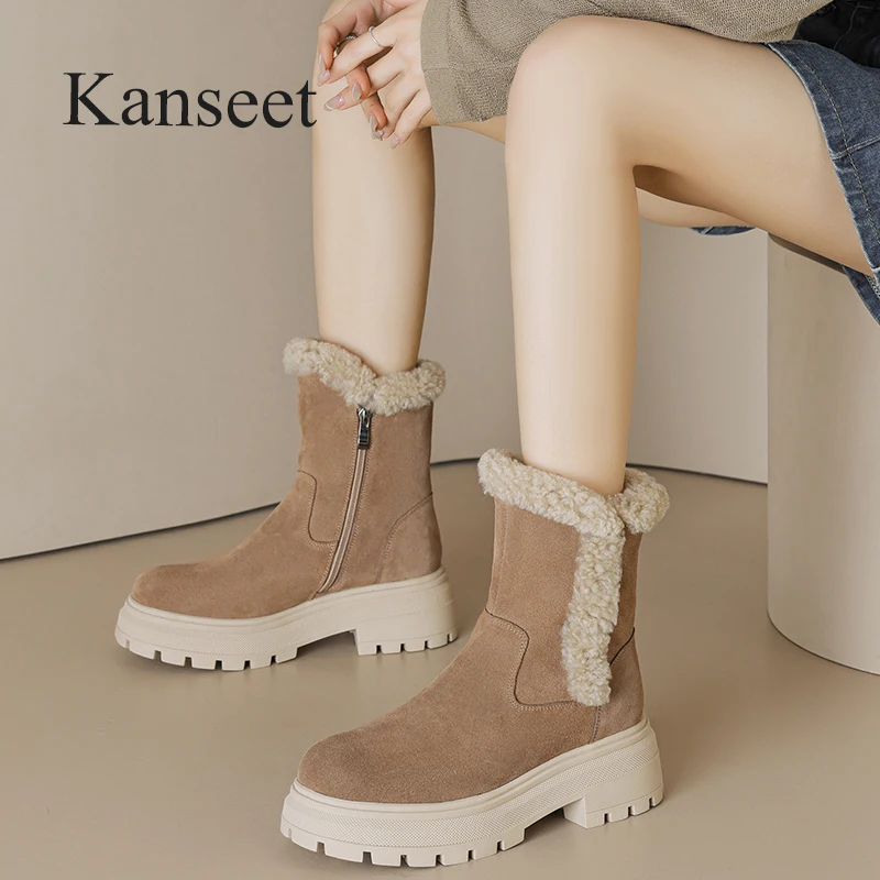 

Kanseet Winter Fashion Snow Boots Round Toe Warm Fur Cow Suede Ankle Boots For Women 4.5cm Mid Heels Zipper Lady Shoes Brown 40