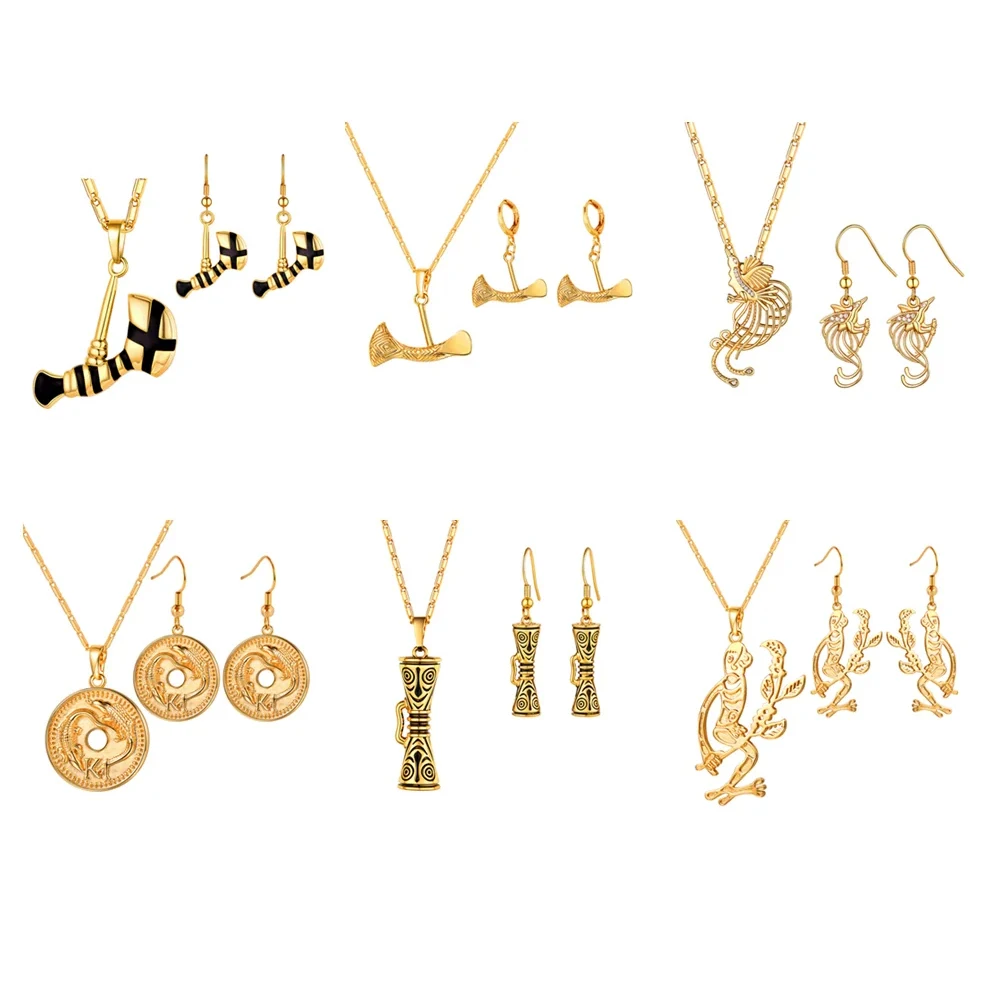 Necklace Earring Set for Women Bird of Paradise Phoenix 3D Drum Lizard Papua New Guinea PNG Country Jewelry QC24 crystal pendant necklaces 2pcs/set