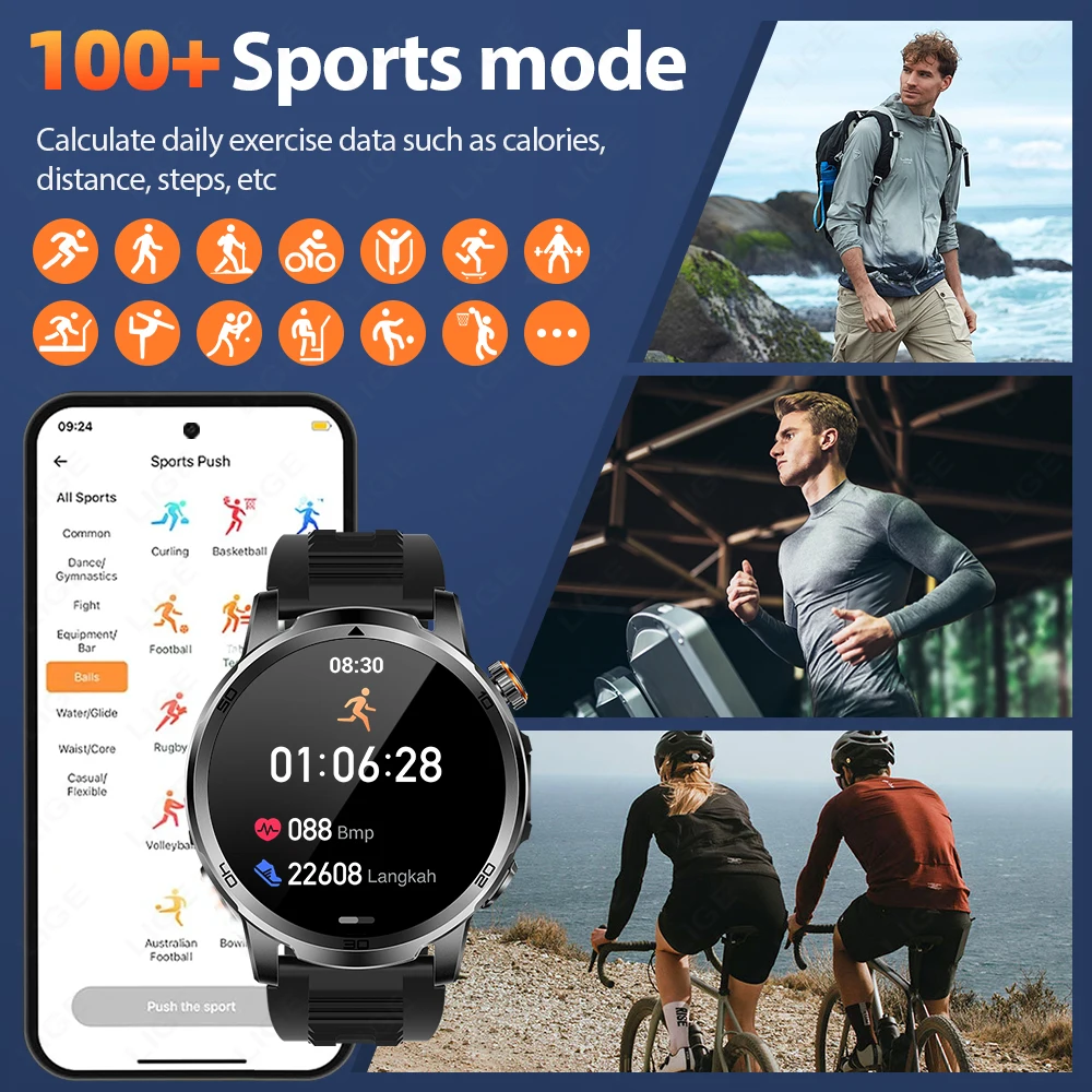 LIGE 2025 New For HUAWEI Xiaomi 1000mAh Smart Watch Men Sports Fitness SOS Distress Light LED Flashlight IP68 BT Call Smartwatch