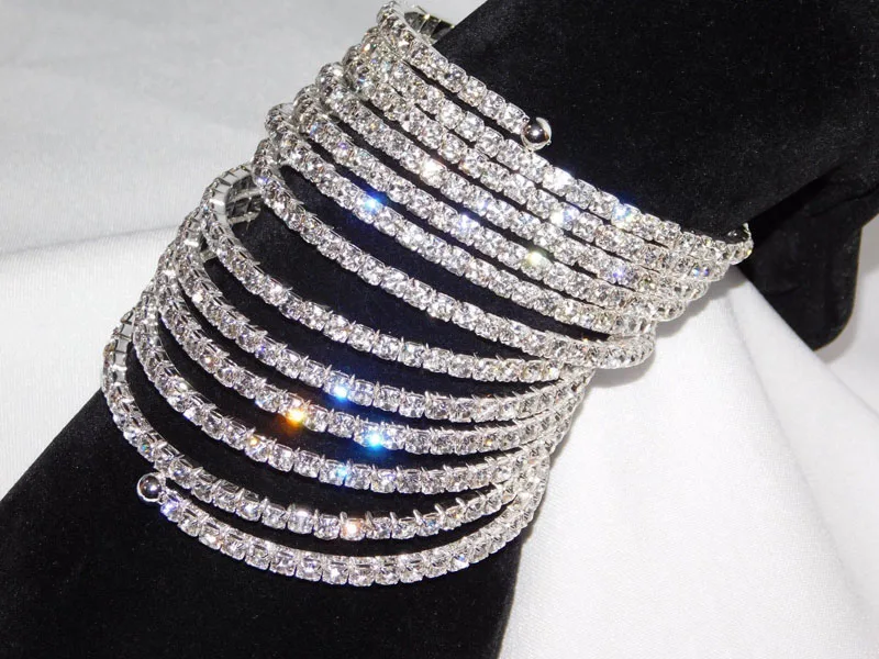 

12 Rows Rhinestone Bangle Bracelet Silver Plated and Gold Color Spiral AB Crystal Upper Arm Bracelet Bridal Jewelry for Women