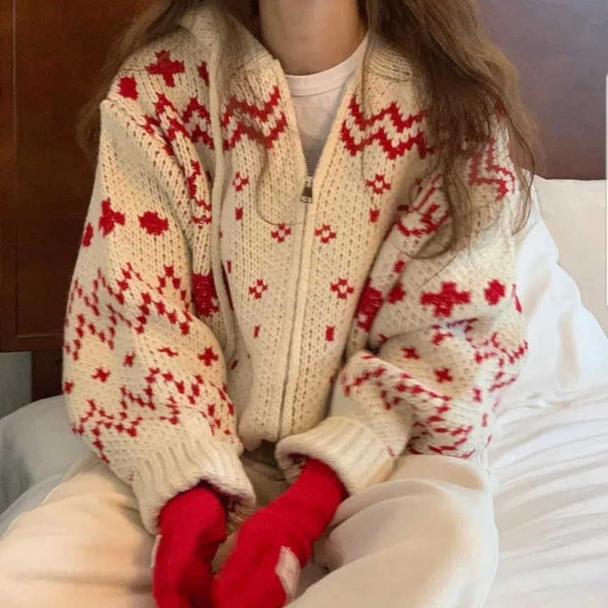 

2023 Autumn/Winter New Korean Version Of Christmas Sweater Lazy Retro Zipper Cardigan Hot Sell Hooded Knit Sweater Coat Women
