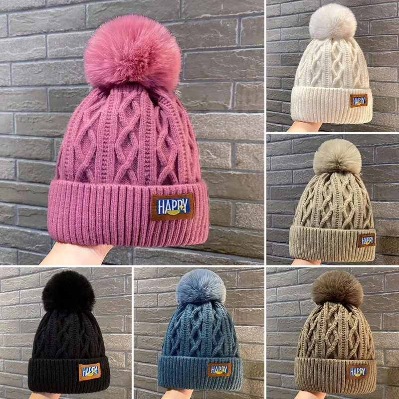 

1PC Knitted Woolen Hat Faux Fur Pom Poms Embroidery Letter Beanie Hats Women Solid Color Crochet Cap Winter Plush Warm Wool Hat