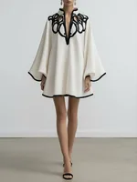 Freeacy Hollowed V-neck Mini Dress for Women Flared Sleeves A-line Pleated Dress 2025 Stylish Contrast Trims Elegant Party Dress - Image 2