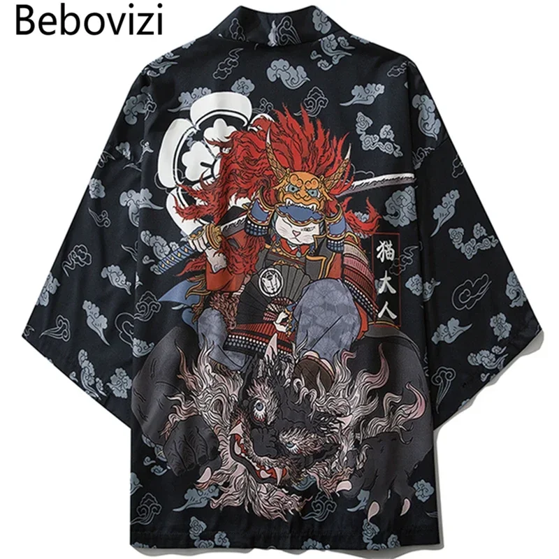 Bebovizi Japanese Style Cat Samurai Kimono Streetwear Men Women Cardigan Japan Harajuku Anime Robe Anime Clothes Summer japanese kimono japanese kimono cardigan