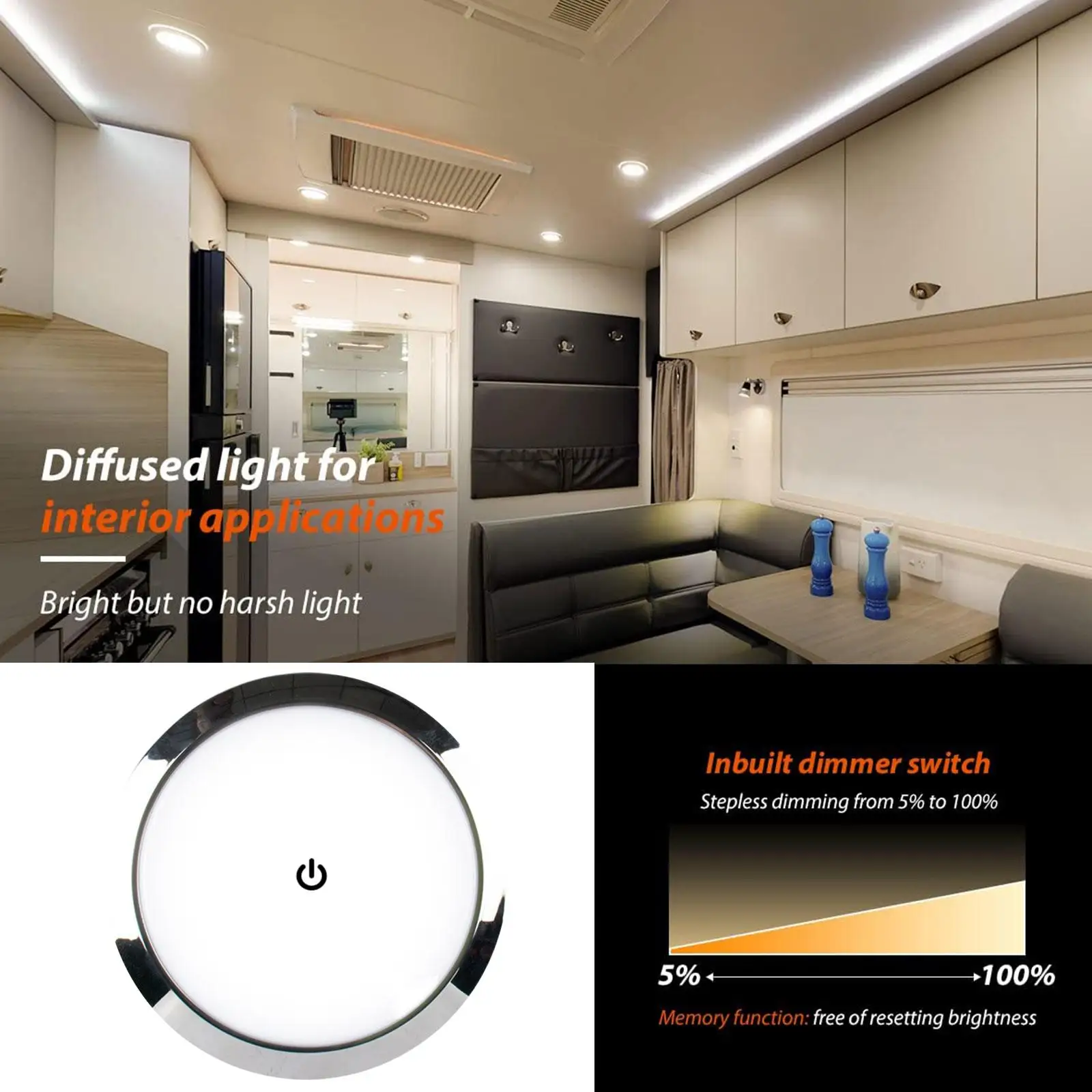 RV 실내 천장 LED 조명, 조광기 스위치 포함, 5W 자동차 인테리어 LED 라운드 라이트, RV 실내 지붕 램프, 캠퍼 보트용, 12V