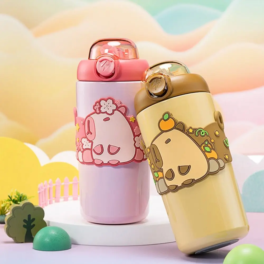 Stainless Steel Capybara Insulated Cup with Crossbody 500/620ML Large Capacity Thermos Vacuum Straw Cup for Student