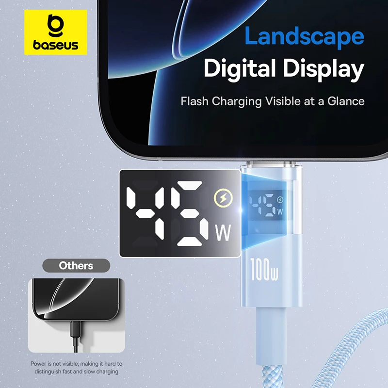 Baseus 100W USB C Cable LED Display For iPhone 17 16 15 Pro Max USB Type C Cable for Macbook pro Fast Charge Wire for Xiaomi