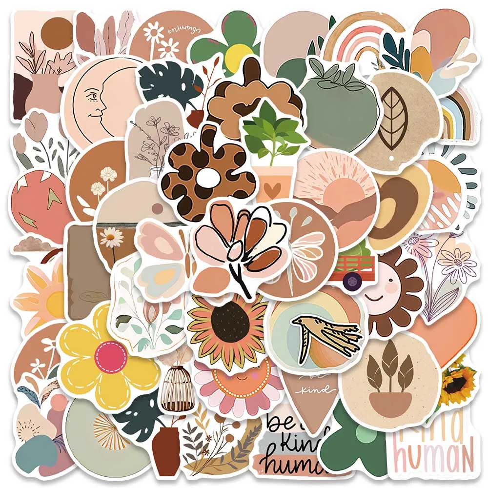 100pcs Vintage Art Bohemia Stickers Retro Boho Cartoon Morandi Vinyl Decals for Laptop Scrapbooking Notebook Case Decor 100pcs color circle dot stickers scrapbooking morandi round decorative sticker stationery