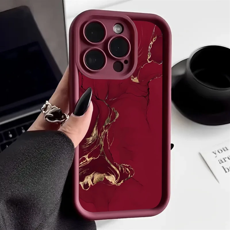 Elegant Wine Red Textured Marble Silicone Phone Case - Shockproof Soft Cover