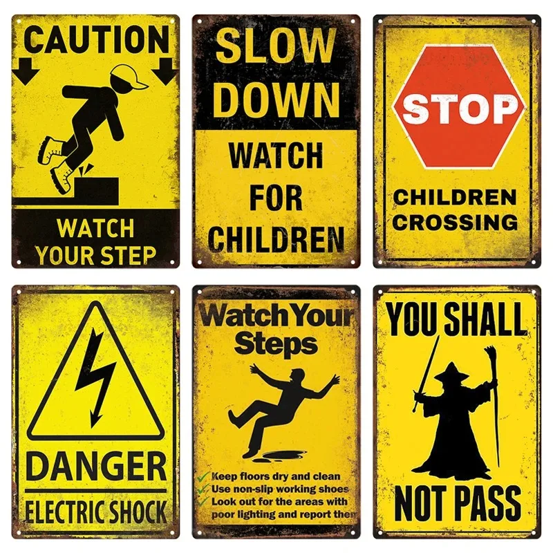 Vintage sinal de aviso para crianças, estanho sinal, zona de aviso, vedio placa retro, homem caverna, garagem, perigo, porta, parede decoração