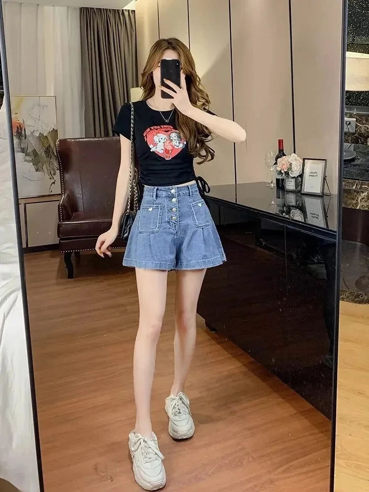Single-Breasted Denim Shorts Women 2024 Summer New Korean High Waist Thin Loose Wide Leg A-Line Hot Pants Streetwear Jeans Short