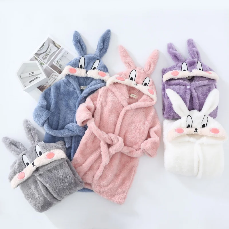 Fall Winter Kids Hooded Bathrobe Baby Bath Robes Boys Girls Cute Cartoon Rabbit Flannel Pajamas Long Sleeve Towel Robe Sleepwear