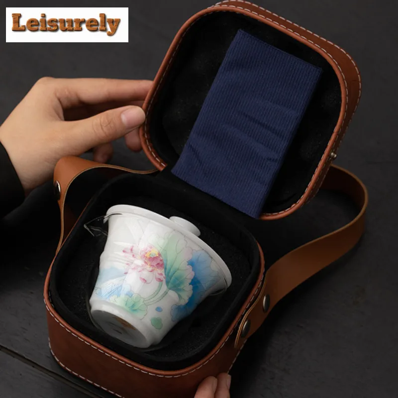 Ice Seed Jade Porcelain Lotus Charm Travel Tea Set Kit Zen 1 Pot 3 Cups Household Tea Making Organizer Portable Camping Handbag