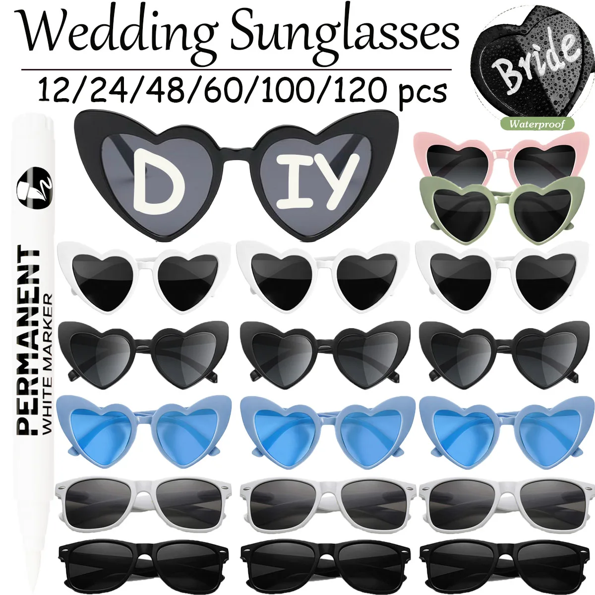 12-120pcs DIY Wedding Sunglasses Personalised Heart Glasses with Pen Party Glasses Favors Gifts for Bridal Bachelorette Guests
