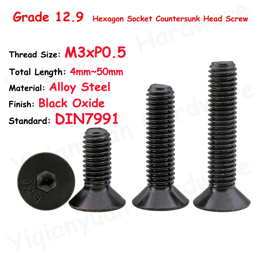 

DIN7991 M3xP0.5 Coarse Thread Grade 12.9 Alloy Steel Hexagon Socket Countersunk Head Cap Screws Black Oxide Allen Key Flat Bolts