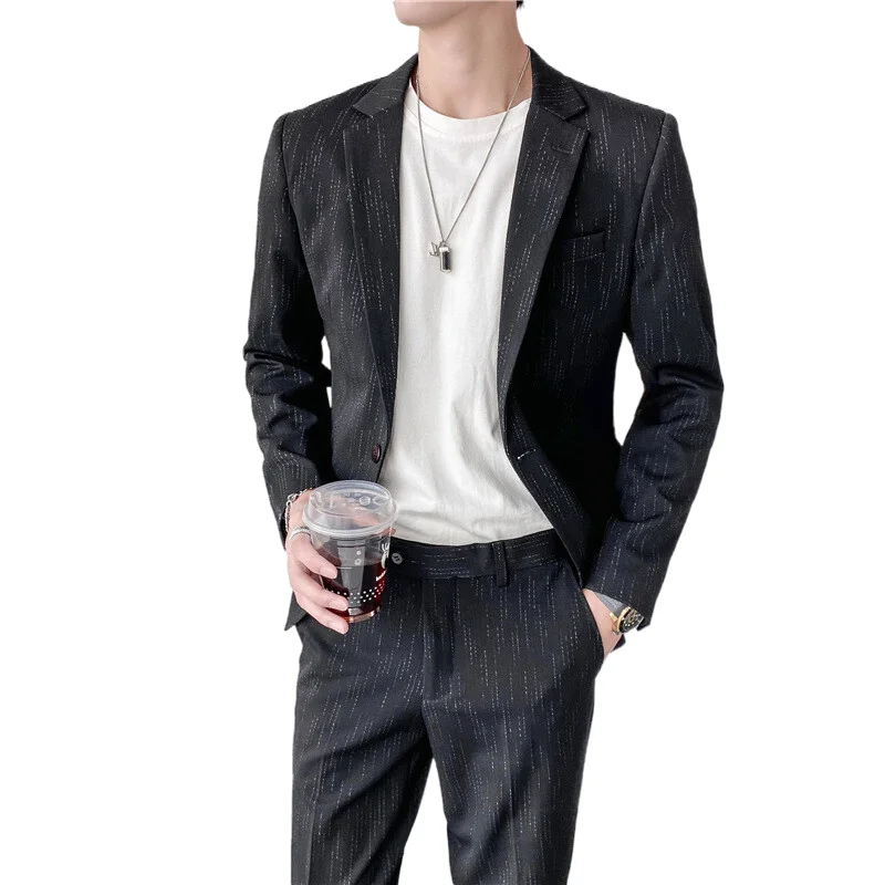 

2022 New Foreign Trade (suit + Trousers) Two-piece Slim-fit Stripes British Fashion Casual Business Retro Men's Evening Dress