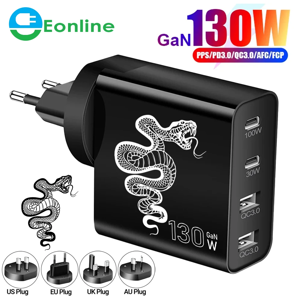 

EONLIN 3D 130W GaN Wall Charger 4-Port USB C PD 100W PPS 30W QC3.0 Fast Charging for MacBook Pro/Air iPad iPhone 14/13/12 Galaxy