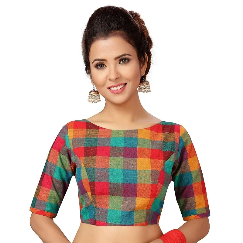 

Women Cotton Checkered Short Sleeve Saree Blouse New Designer Ethnic Blouses