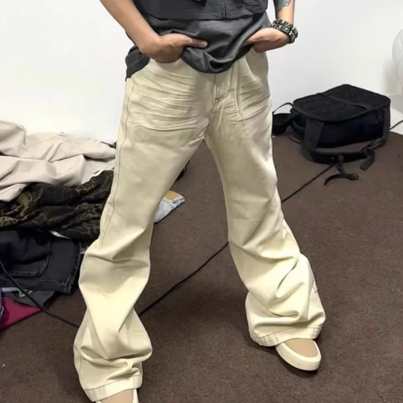 Men's Casual Pants Flared Jeans White Solid Full Length Techwear Owen Men Trousers Button Men's Clothing