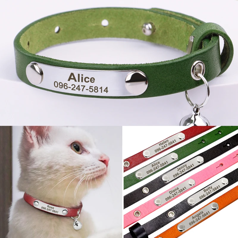 

Custom Leather Cat Collar Adjustable Personalized Puppy Cat ID Collars Necklace Engraved Name for Cats Kitten Pet Accessories