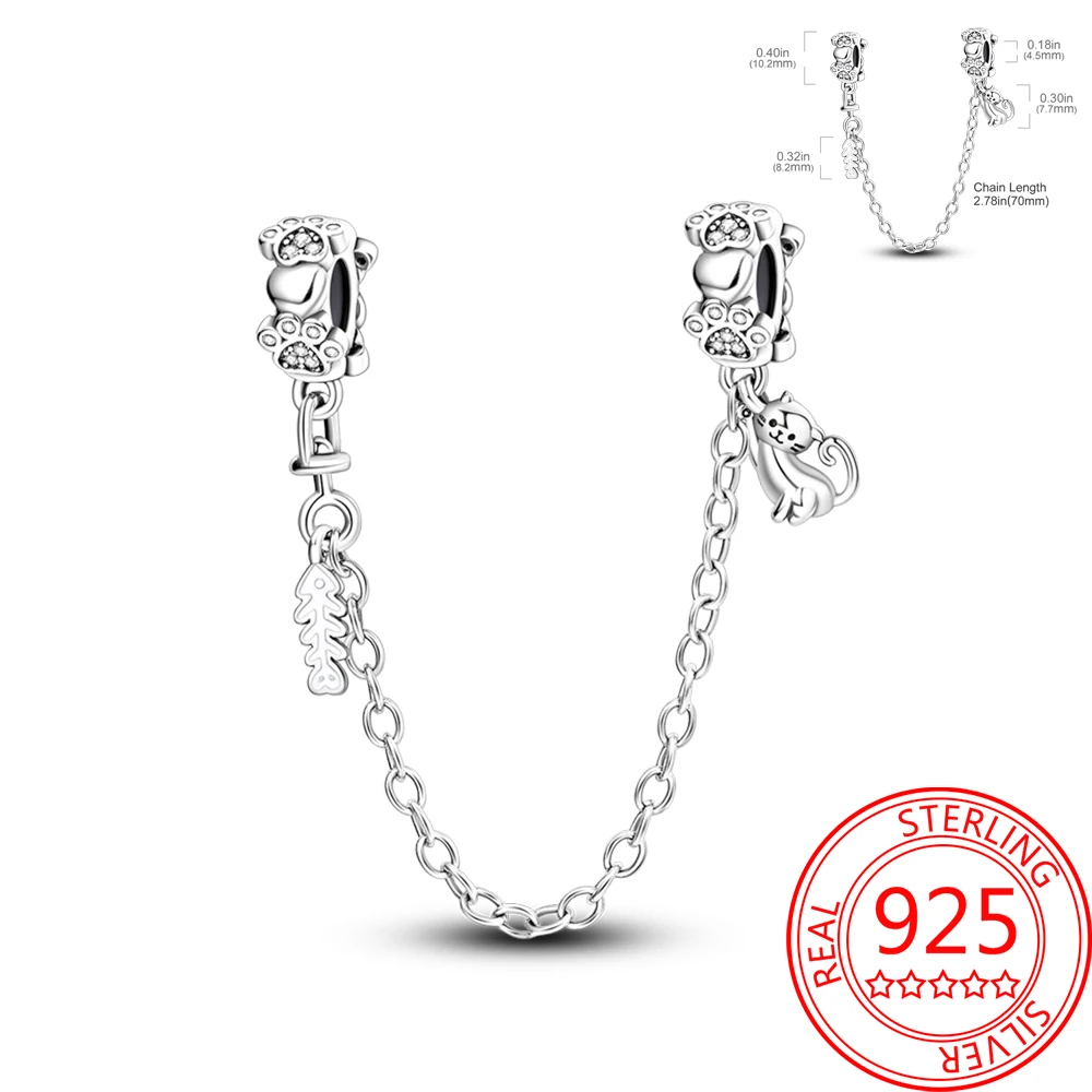 

Security Protection 925 Sterling Silver Cat Eating Fish Safety Chain Fit Pandora Bracelet Matching Accessories to Fix Accessorie