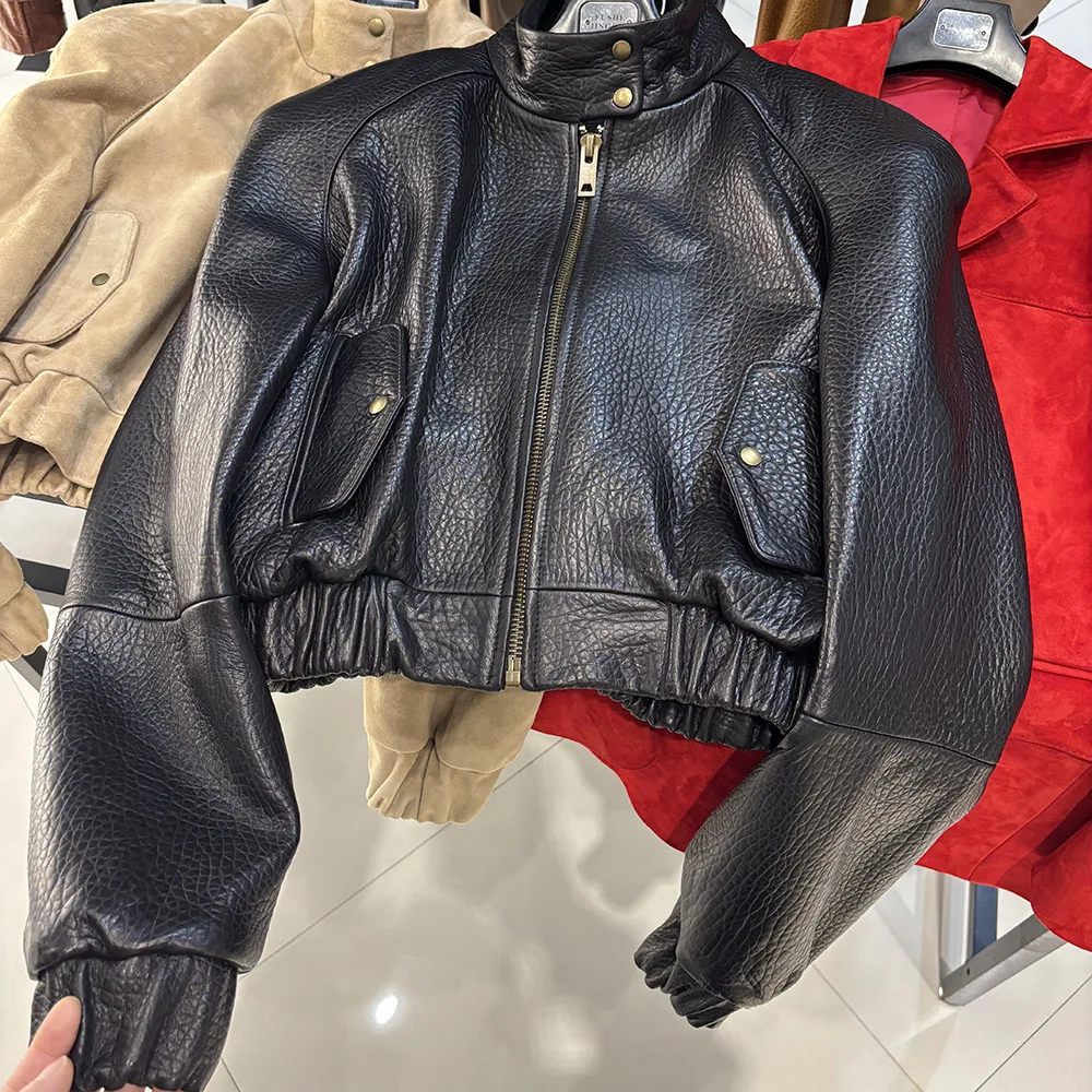 YOLOAgain Suede Leather Jacket Coat Women Real Leather Cropped Jacket Bomber Jacket