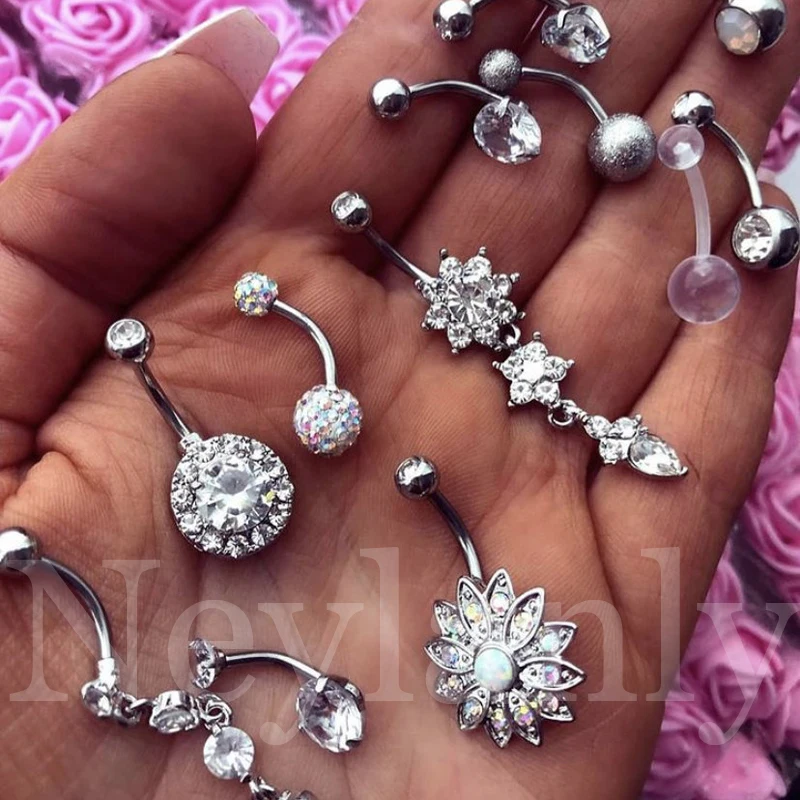 

1PC Luxury Belly Button Rings Clear CZ Crystal Dangle Belly Rings Surgical Steel Navel Ring for Women Girls Piercing Jewelry 14G