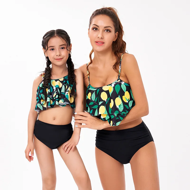 Sexy Ruffle   Cross Bandage  Bikini Set Women Swimsuit  Matching Parentage Swimwear Summer Suit Parents Children Swimming  Wear bathing suit sets