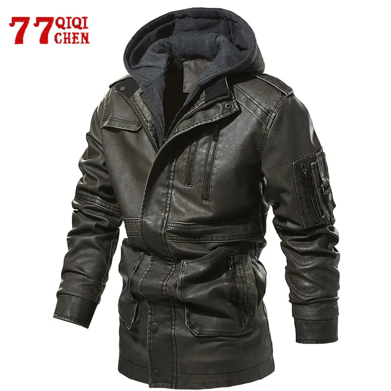 

Winter Hooded PU Leather Jacket Men Vintage Fleece Multiple Pockets Motorcycle Biker Mid-long Jackets Coats S-XXL Male Chaquetas