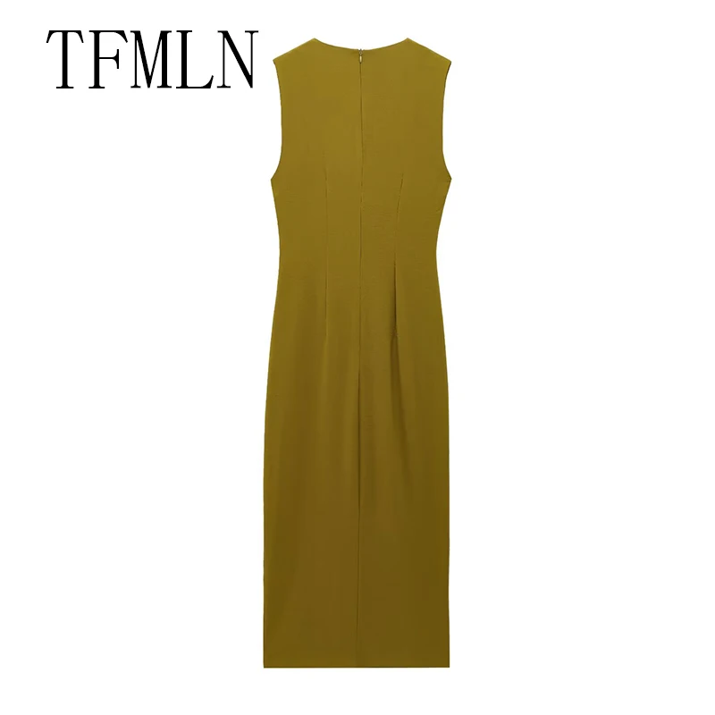 TFMLN New Elegant Women Pleated Slim Midi Dress Spring Summer Fashion O-neck Sleeveless Chic Pleated Dress Causal Party Dress