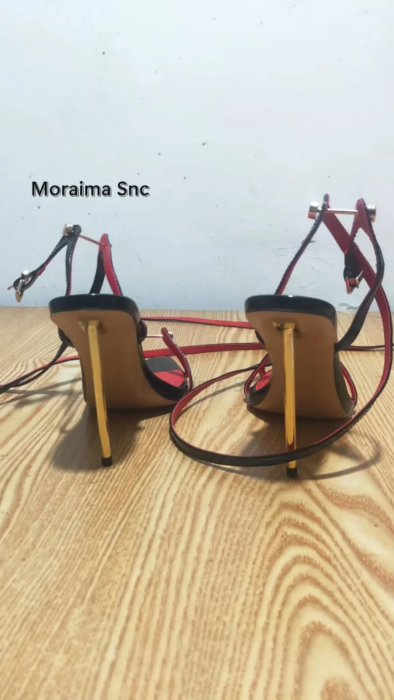 Metal Buckle Pointed Toe Women Sandals Cross Strap Metal Heel Stiletto Super High Heels Sexy Black Ladies Party Shoes Summer