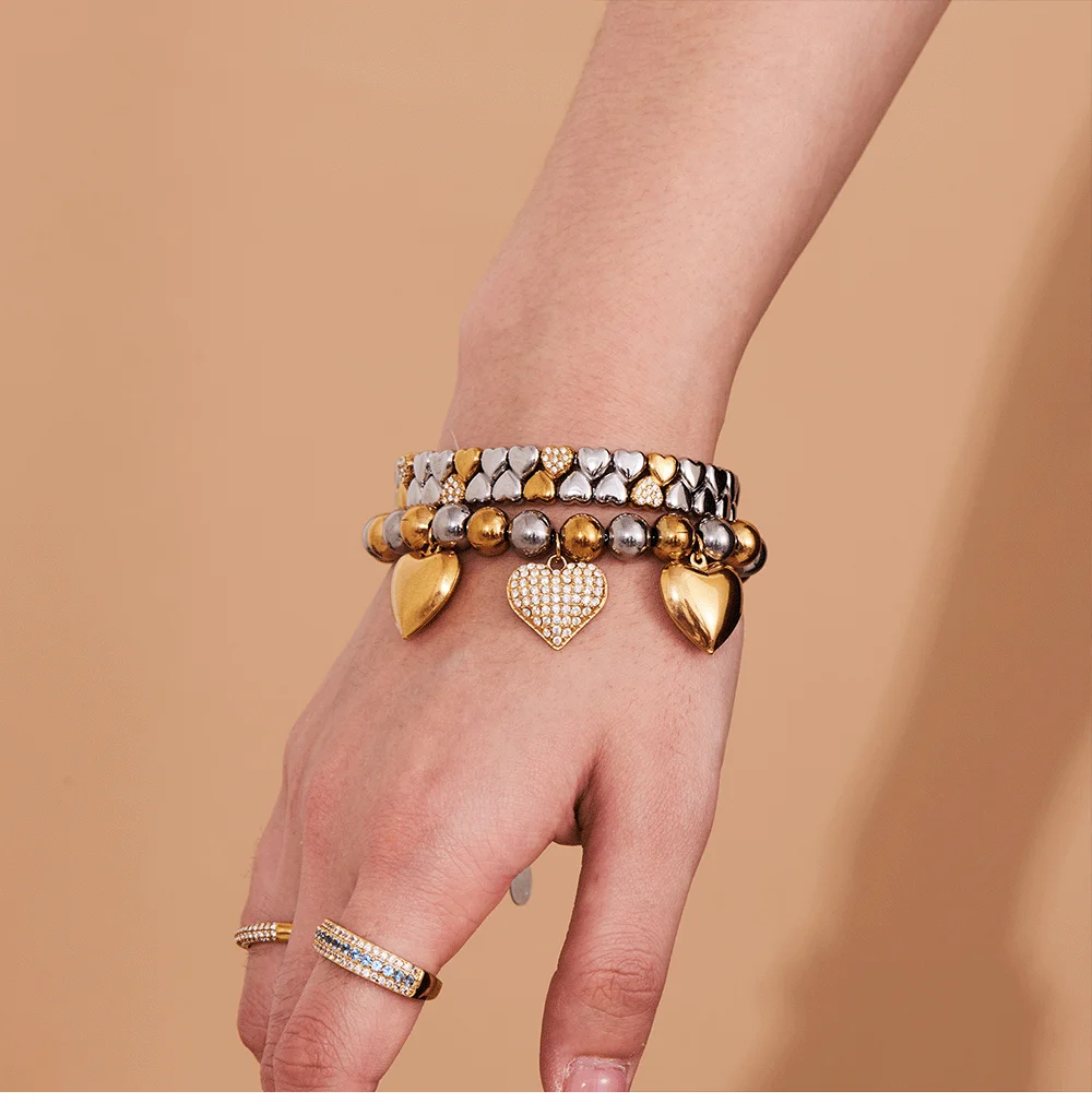 Goldfarbenes, herzförmiges Silberarmband für Damen, 316L-Edelstahl, 18 Karat vergoldete Kette, Perlen-Zirkon-Armband, Schmuck – Detail 9