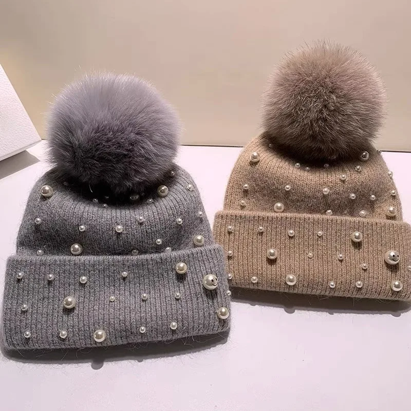 New Autumn And Winter Woolen Hat For Women, Thickened And Warm Ear Protection Rabbit Fur Hat, Real Fox Fur Ball Knitted Hat 3
