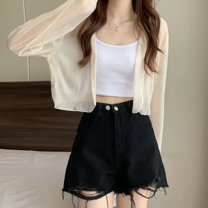 여성용 페어리 스타일 단색 가디건, 긴 소매 자외선 차단, 달콤한 비딩, 브이넥 기본 루즈 쉬폰 가디건, 여름 신상