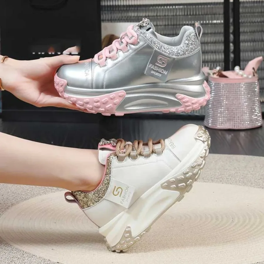 

Krasovki 7.5Cm Women Spring Boots Platform Wedge Autumn Bling Chunky Sneaker Rhinestones Vulcanize Fashion Genuine Leather Shoes