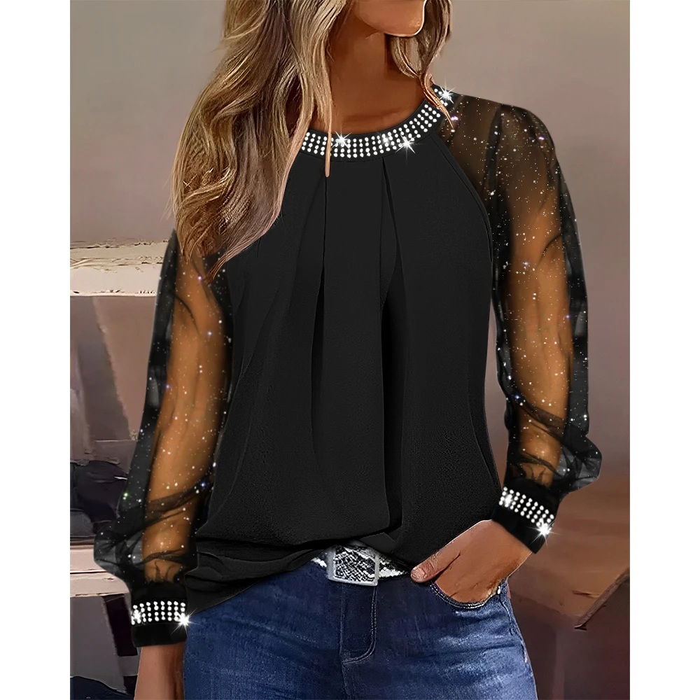 2024 Women Rhinestone Decor Contrast Sheer Mesh Glitter Long Sleeve Blouse Spring Femme Casual Round Neck Shirts Streetwear