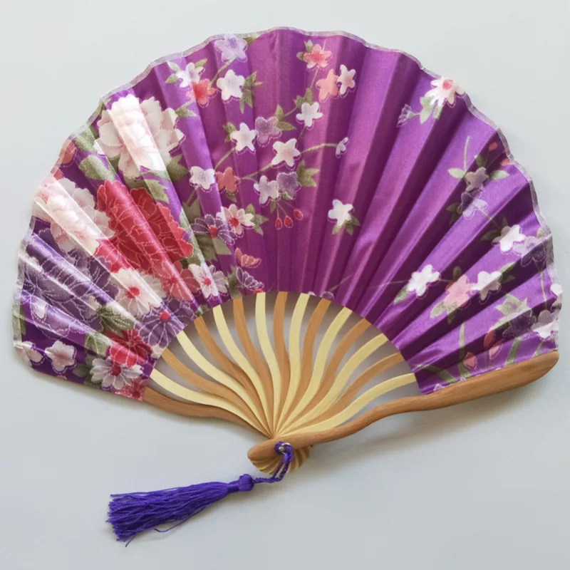 Hand Fold Fan Bamboo Wood Silk Flower Japanese Chinese Wedding Decorate Home Gift