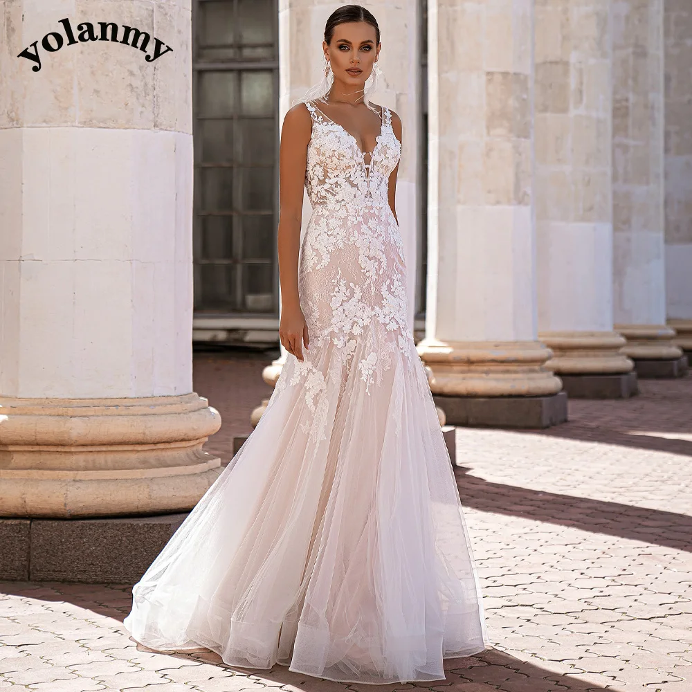 

YOLANMY 5 Pastrol Trumpet Wedding Dresses For Bride Women 2023 Lace Vestido De Casamento Plus