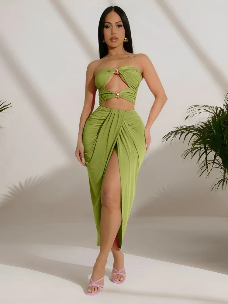 Wmstar Set Women Wholesale Strapless Cut Out Top Slit Elastic Skirt Pleated Skirt Sexy Two Piece Skirt Fancy Club Summer 2025