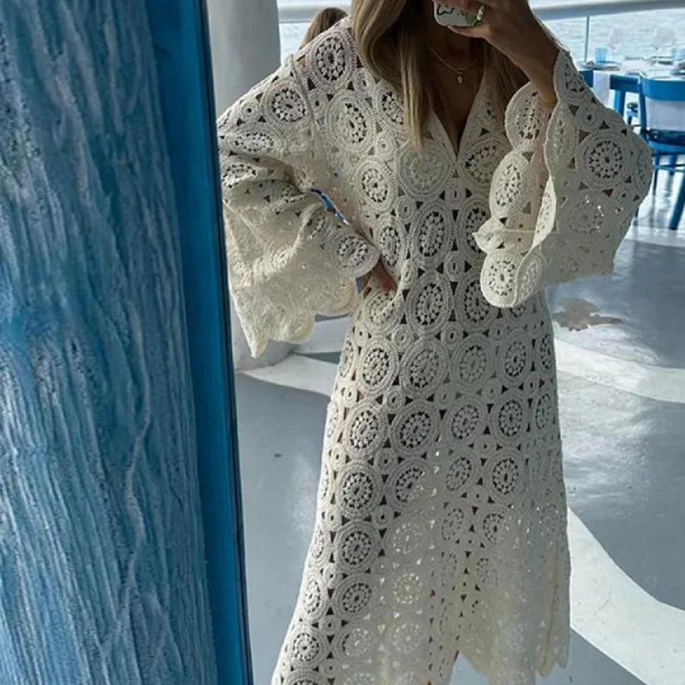 

2024 Summer Lace Hollow Out Skirt Elegant Multicolor Mid-Calf V-Neck Dress Lace Embroidered Cutout Dress for Holiday Commuting