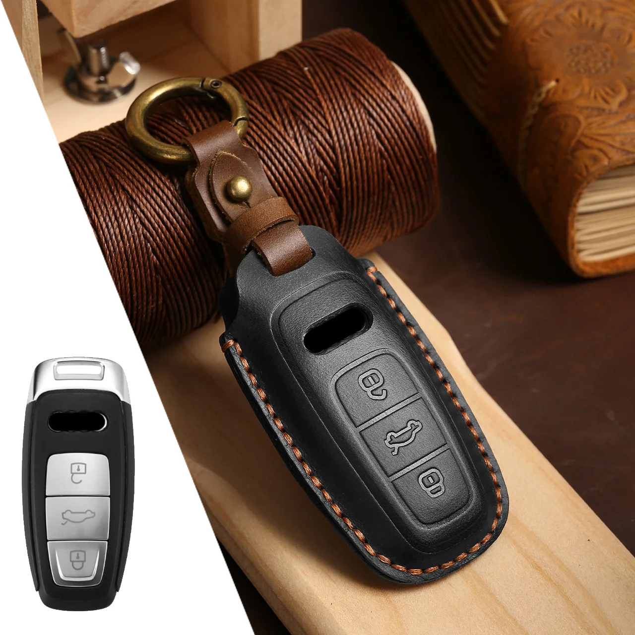 Premium Leather Car Key Case with Keychain