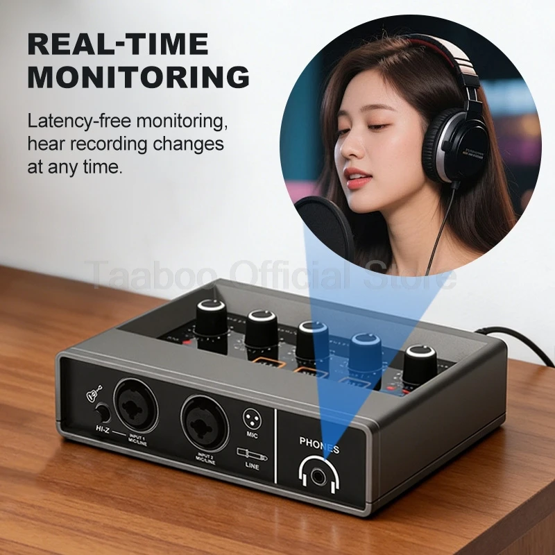 전문가용 오디오 사운드 카드 USB 오디오 인터페이스, 스튜디오 녹음, 라이브 스트리밍, 팟캐스팅, 기타용 2입력 2출력 사운드 콘솔