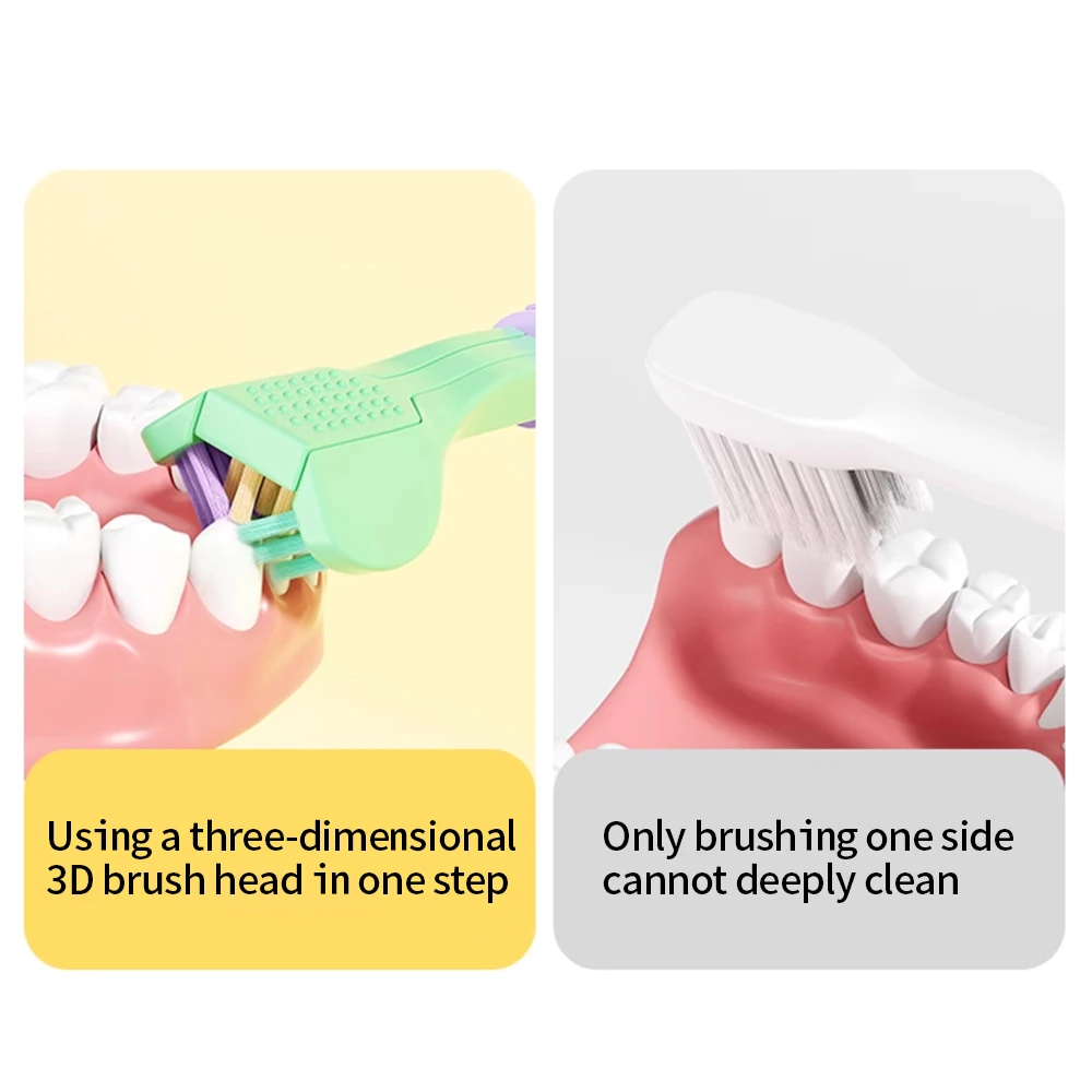 어린이용 3 면 칫솔, 3D 소프트 헤어, 어린이 치아 클리너 브러시, 혀 스크레이퍼, 어린이 칫솔, 구강 관리 청소 도구