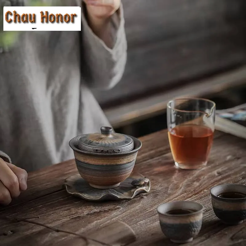 Vintage Rust Glaze Lotus Ceramic Gaiwan Retro Tea Tureen Tea Bowl with Lid Kit Tea Making Cover Bowl Drinkware Accessories Gift