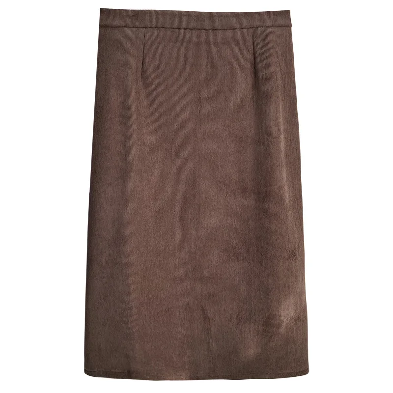 

Winter Plus Size Women's Skirt 100kg Simple Fleece-lined Medium Long Back Split Corduroy A-Line Skirt 2047