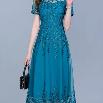 여성용 블루 캐주얼 쉬폰 메쉬 긴 드레스, 여름 2023, 튜닉 미디 패션, 우아한 무도회 이브닝 드레스, 반팔, 한국