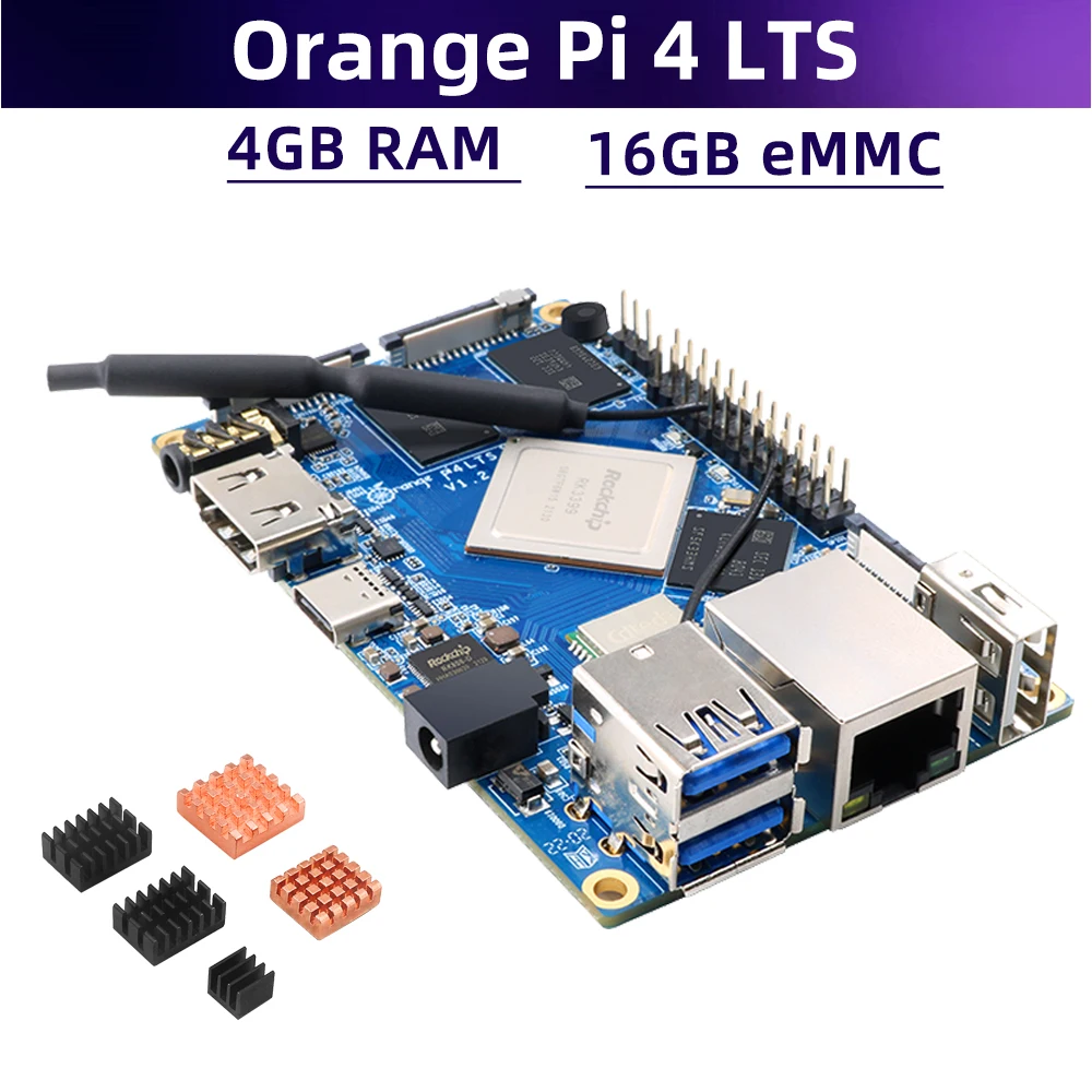 

Orange Pi 4 LTS 4GB RAM Rockchip RK3399 16GB EMMC Wifi + BT5.0 Optional Heatsinks for OPI 4 LTS Run Android Ubuntu Debian OS