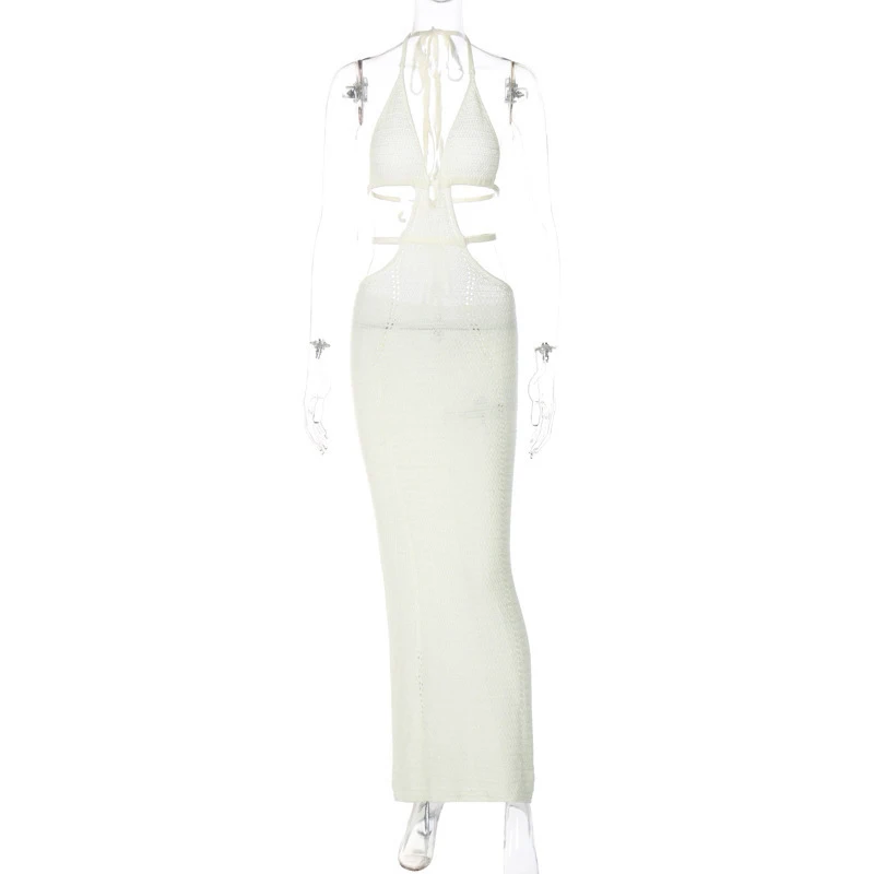 Women'S Dresses Halter Neck Slim Dress Sleeveless Lace Up Backless Cutout Bustier Knitted Dress Wrap Dress Summer Beach Dress Hot Sale 2025