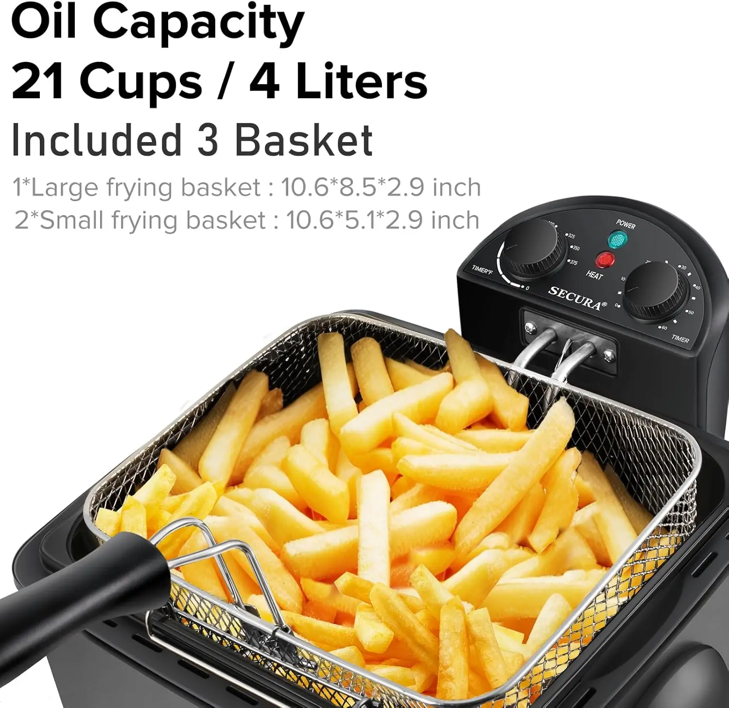 1700-Watt Stainless-Steel Triple Basket Electric Deep Fryer with Timer Free Extra Odor Filter, 4L/17-Cup, Black